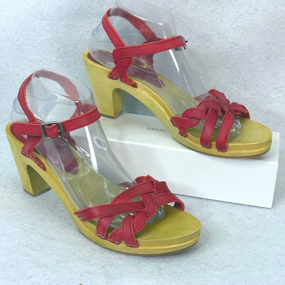 American Eagle Red Leather Woven Wood Block Heel Sandals Womens 10 Boho Retro